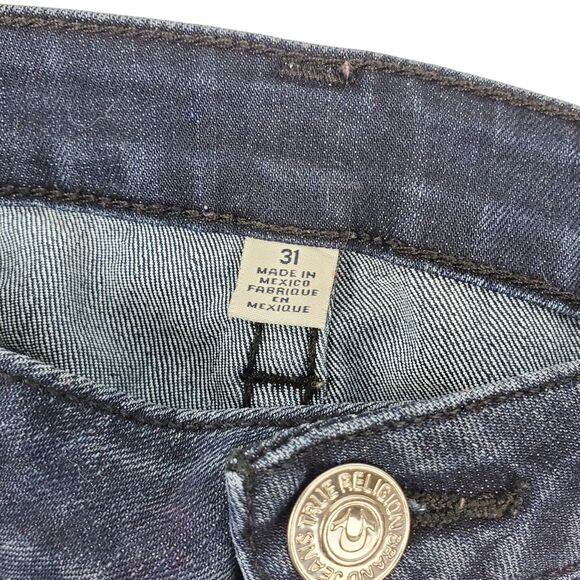 TRUE RELIGION Jeans Womens 31 Blue Leather Accent Flap Pockets Designer Bootcut - Picture 9 of 11